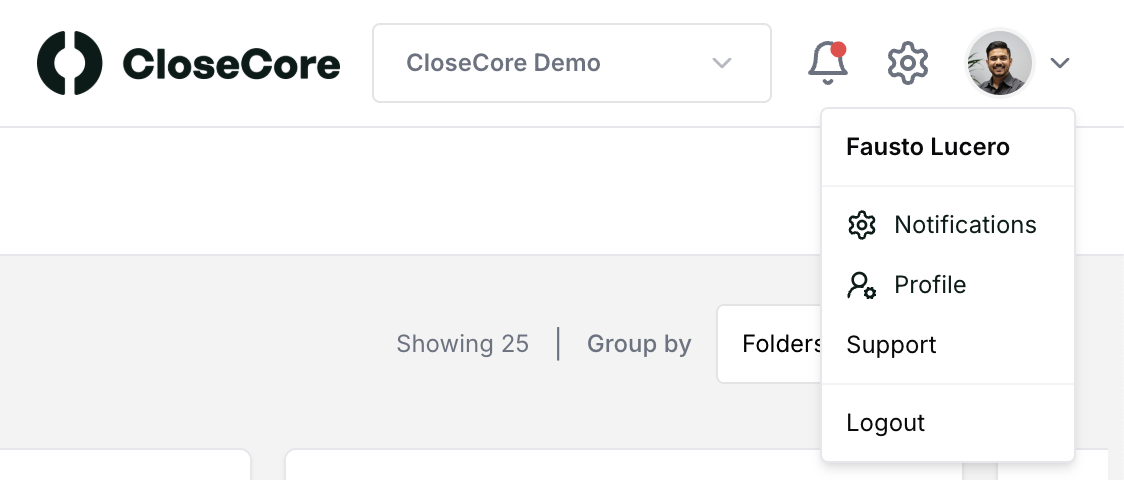 Open the CloseCore Notifications page