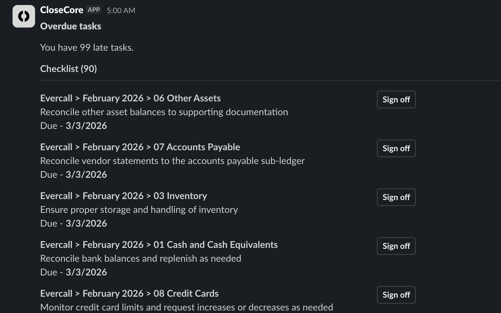 A CloseCore Slack overdue tasks digest grouped by checklist and reconciliation work