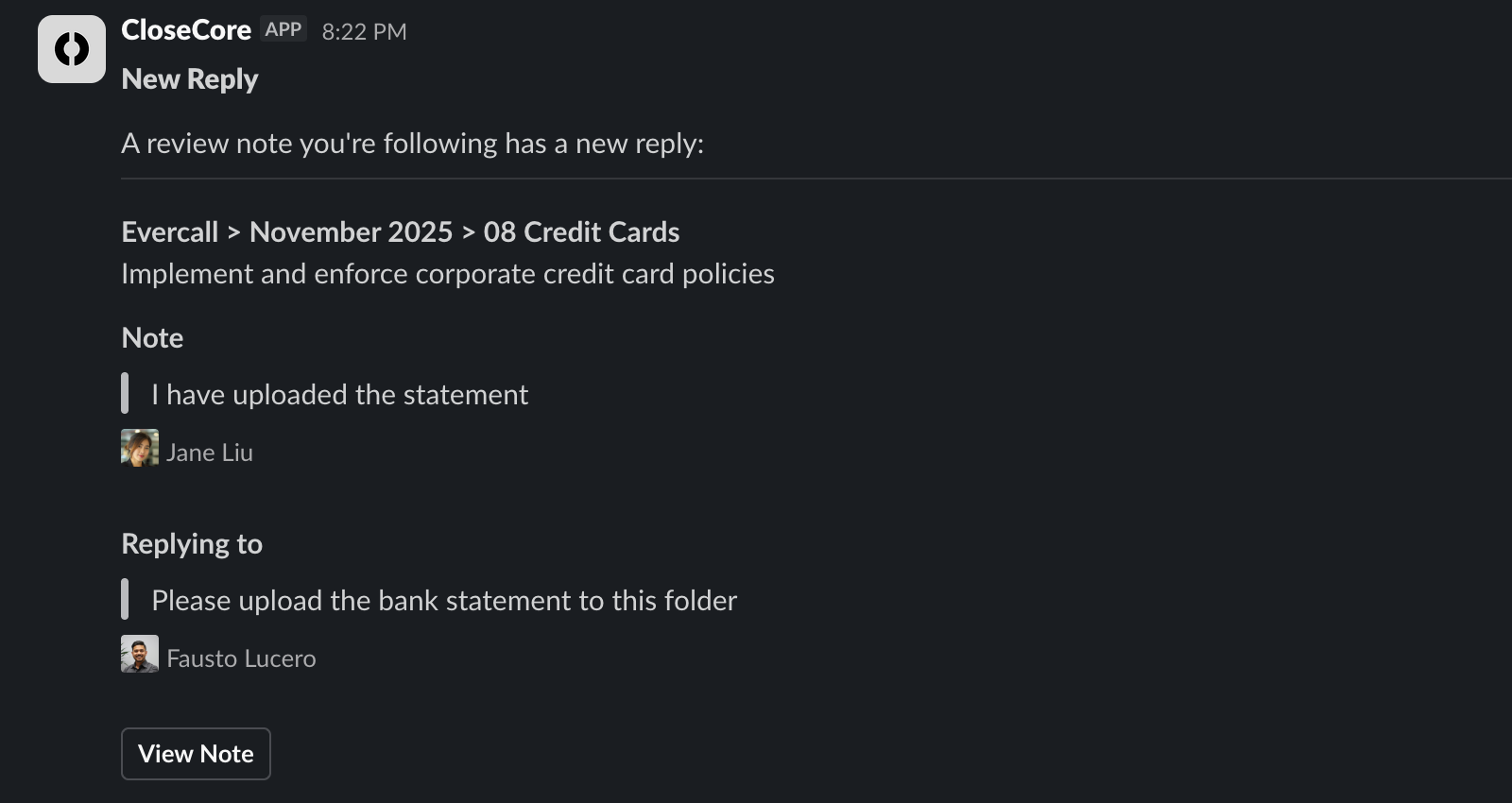 A CloseCore Slack review note reply notification with the original note context