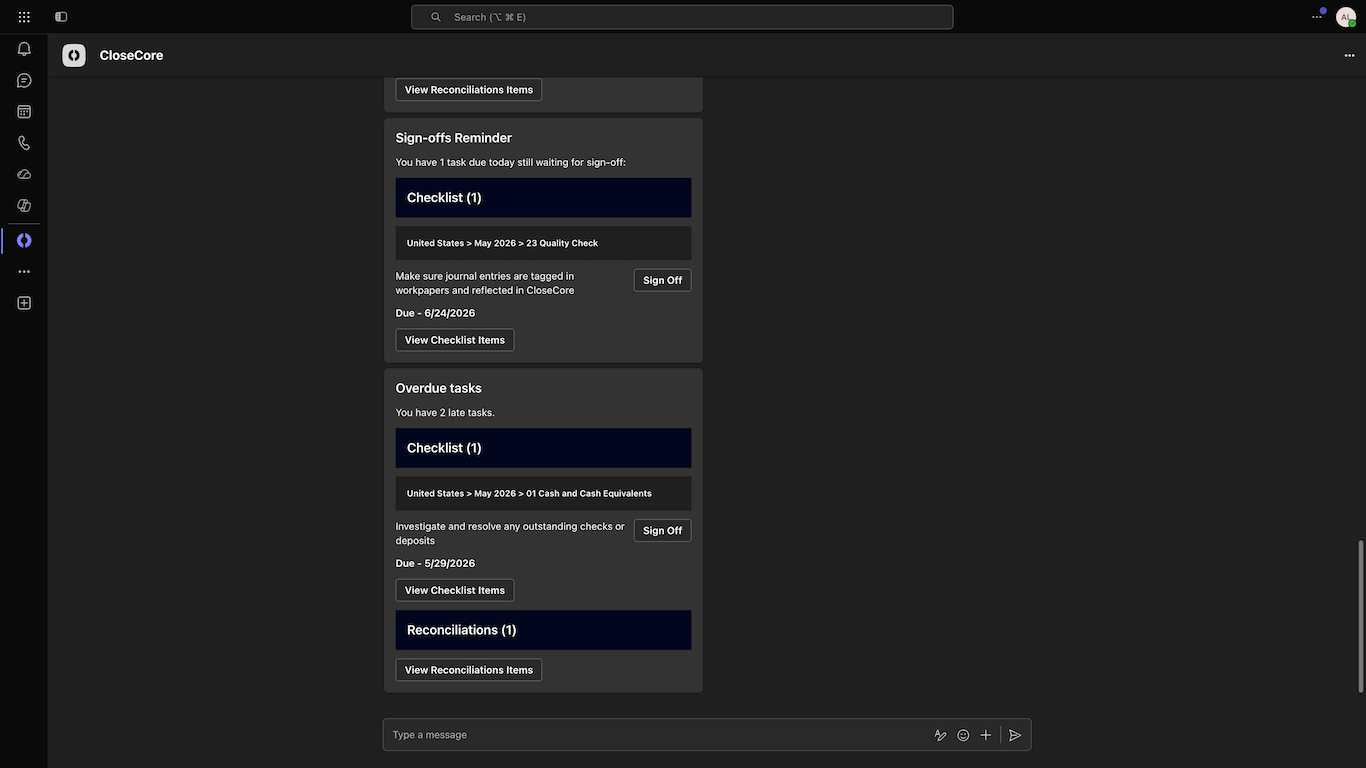 A CloseCore Teams digest showing overdue tasks and sign-off reminders