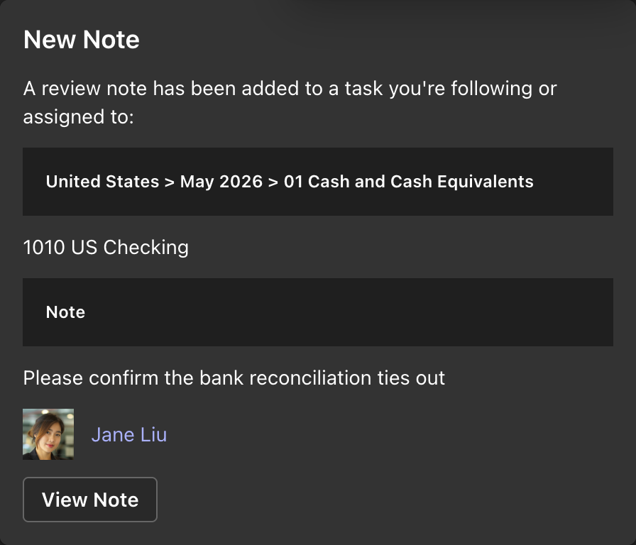 A CloseCore Teams review note notification showing note content and author